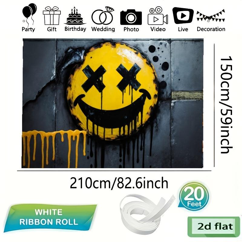 A 2D graffiti banner with flat black X-shaped eyes and a yellow smiling face XY