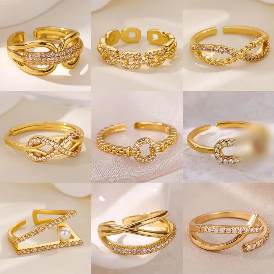 Zircon Chain Cross Rings For Women Vintage Gold Color Stainless Steel Geometric Open Ring Fashion Wedding Aesthetic Jewelry Gift