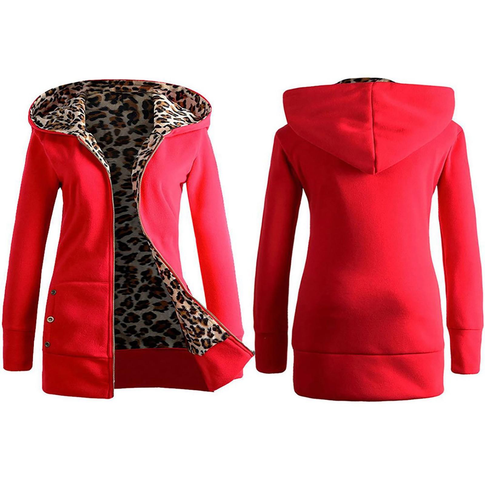

Women Plus Velvet Thicker Hooded Sweatshirt Leopard Zipper Coat Overcoat Outwear XL червоний