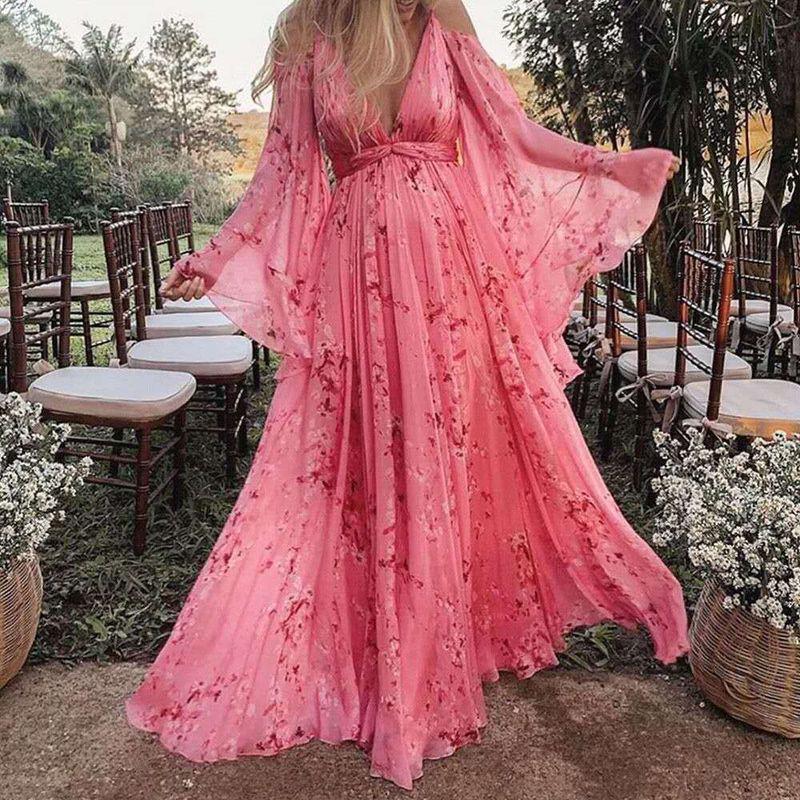 

2024 New Suspender Deep V Neck Open Back Printed Sexy Pleated Floor Length Maternity Dress Maternity Dress Pink S