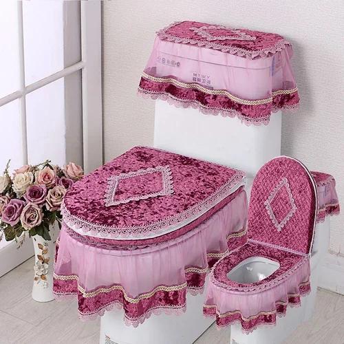 Μαξιλάρι τουαλέτας με δαντέλα Four Seasons Σετ καθίσματος τουαλέτας με εκτύπωση φανέλας τριών τεμαχίων με φερμουάρ σε σχήμα U Beauty κάλυμμα για τη σκόνη τουαλέτας