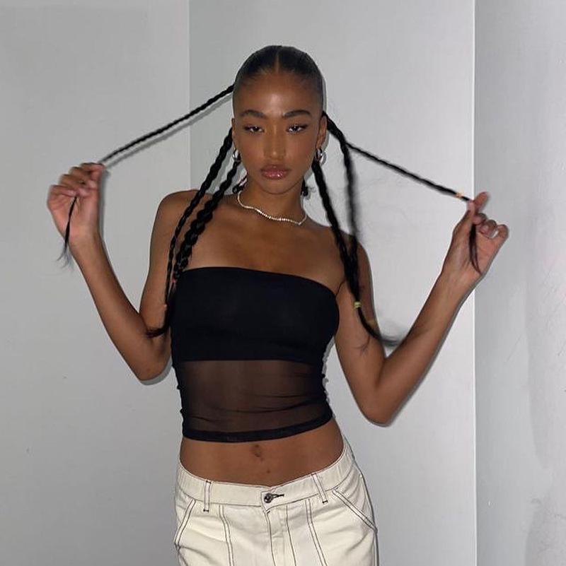 Summer 2022 Solid Color Sleeveless Mesh See-Through Crop Top Vest - Women's Casual European American Style
