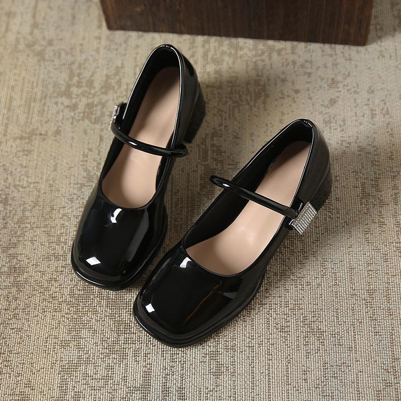2025 spring and autumn new one-word with rhinestone thick heel Mary Jane single shoes women's versatile high-heeled single shoes trend