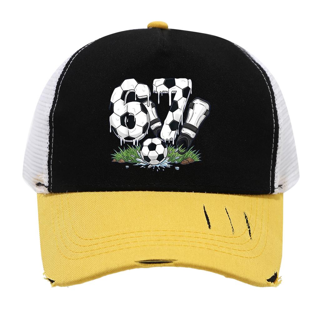 1PC Mesh Trucker Hat, Breathable, Distressed Brim, 3D Soccer 67 Print, Retro Streetwear for Men Women