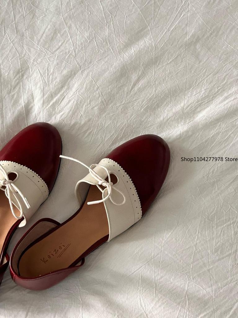 Fashion PU Leather Retro British Style Small Leather Shoes Brock Lace-up Women's Sandals Round Heel Single Shoes Female Pumps