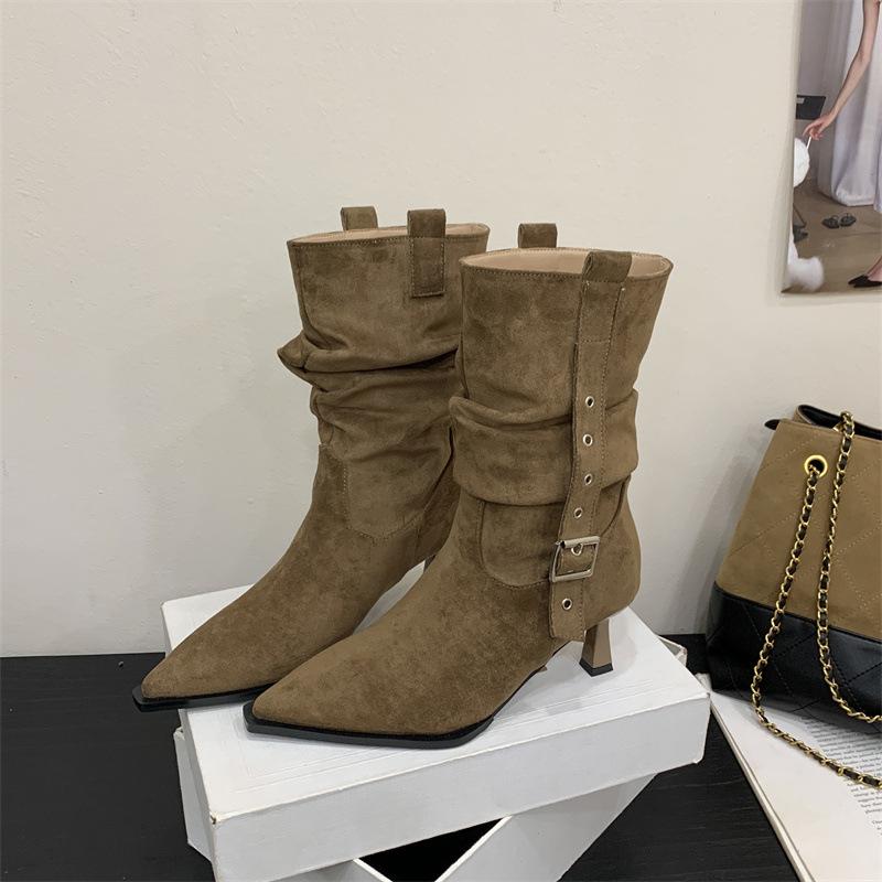 2025 New Retro Suede Pointed High-heeled Pleated Piled Boots Autumn and Winter New Belt Buckle Western Medium Boots Women
