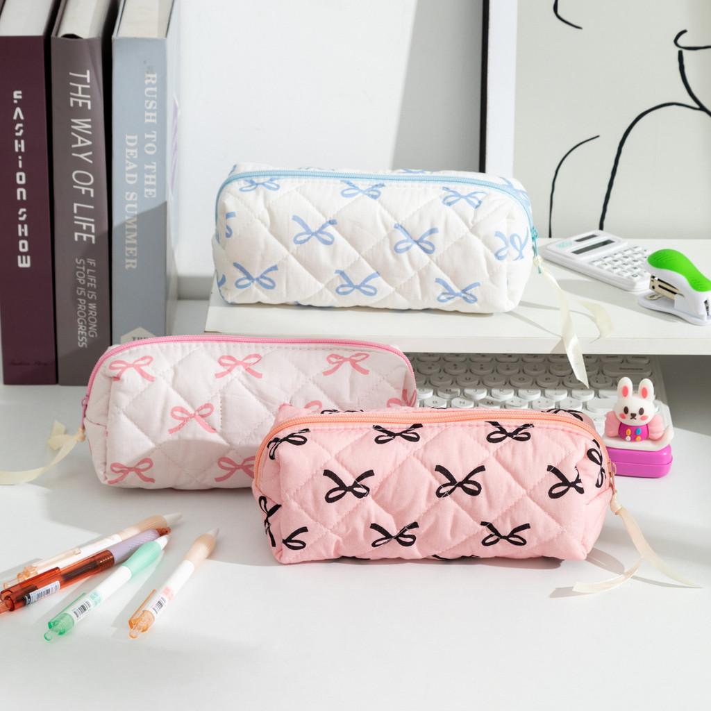 Large Capacity Fabric Pencil Bag With Bow Pattern For Students And Organization