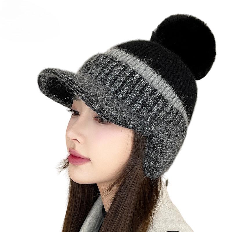 

Autumn and Winter New Hat Women s Autumn and Winter Velvet Duck Tongue Knitted Wool Hat Ear Protection Warm Baseball Hairball Hat Women чорний