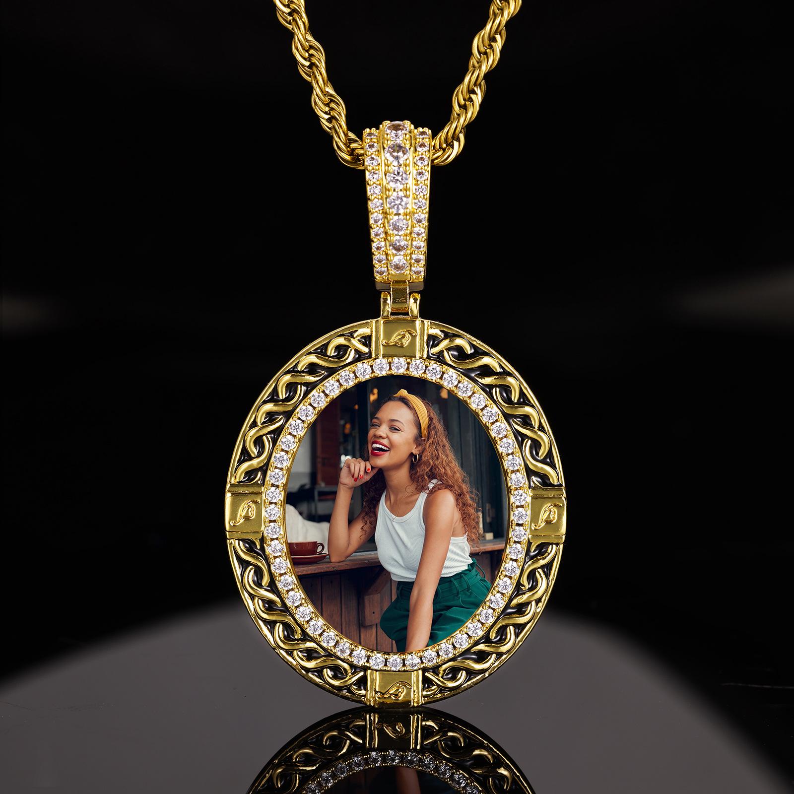 European Hip Hop Style DIY Zircon Photo Necklace with Round Pendant
