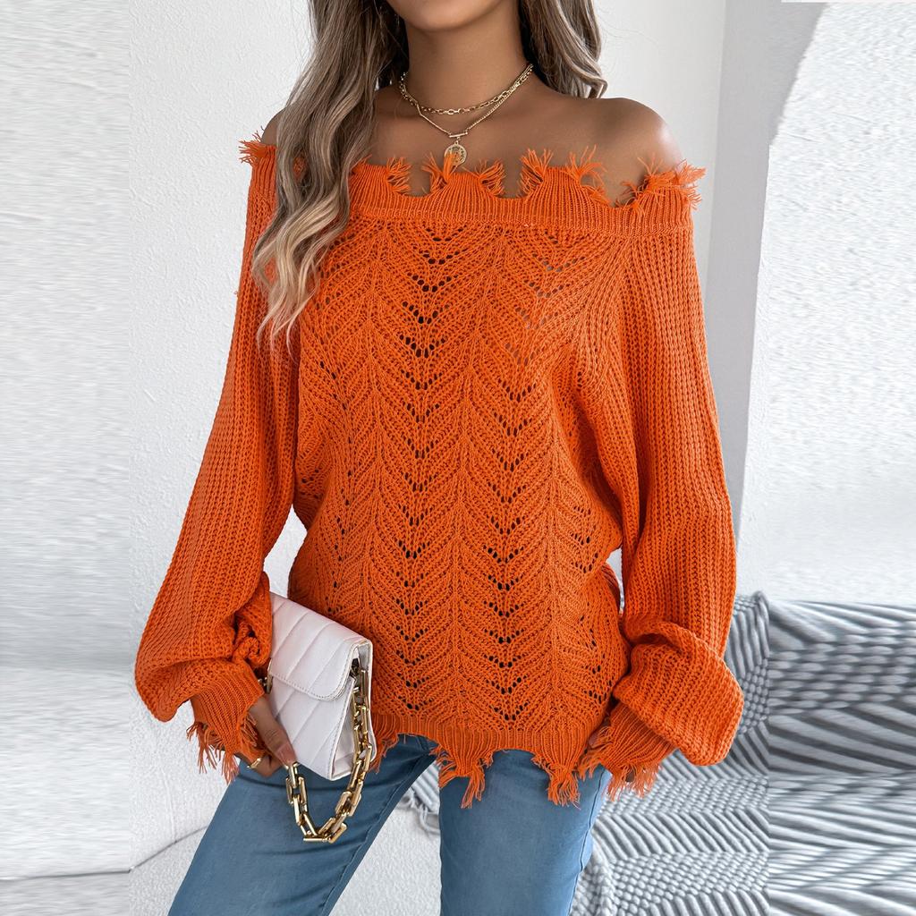 Dámský módní jednobarevný dutý svetr s dlouhým rukávem a odhalenými rameny