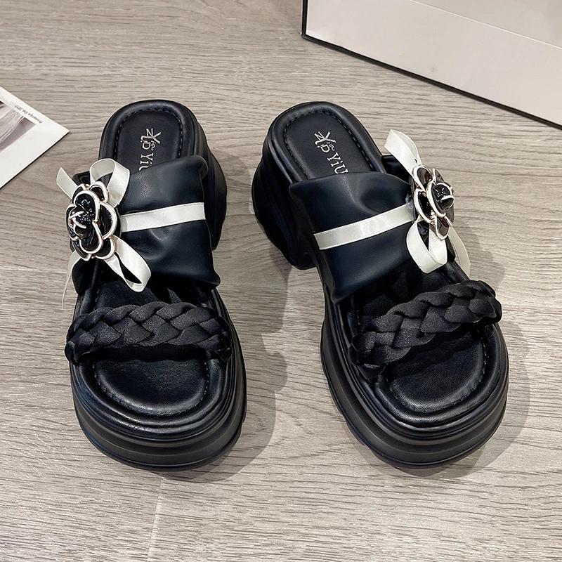 9CM Heels Chunky Slippers For Women Open Toe High Platform Weaving Flower Sandals Woman New Summer Thick Bottom Beach Flip Flops