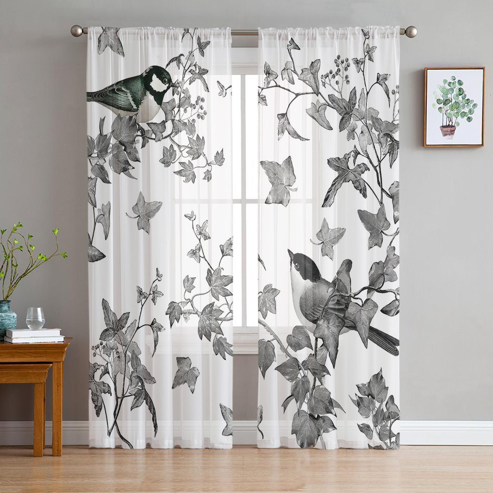 Pflanzen Blumen Aquarell Vögel Transparente Vorhänge zur Wohnzimmerdekoration Fenstervorhänge Küche Tüll Voile Organza Vorhänge W135 x H115cm x1&Rod Pocket