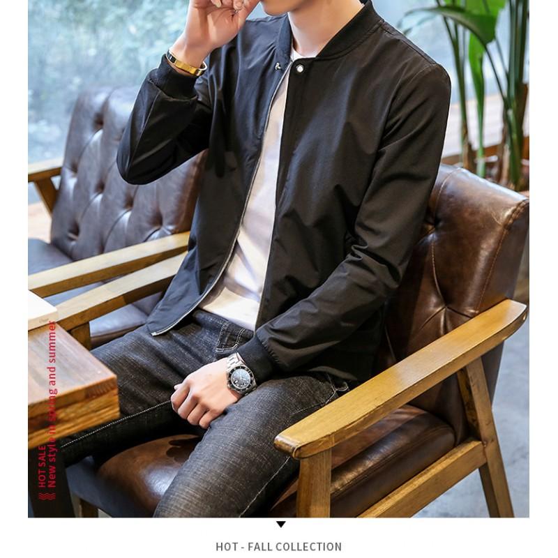18 Stretch Fabric Mens Jacket Young Adult Slim Fit Stand Collar Solid Color Casual Outerwear