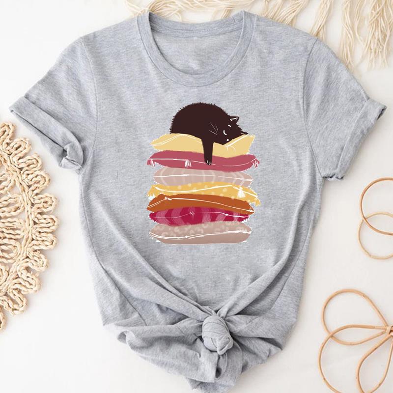(Asian Size) Tshirt Lady Cartoon T Tee Top Women Print Fashion Clothes Female Clothing Short Sleeve Cat Animal Pet Graphic T-shirt