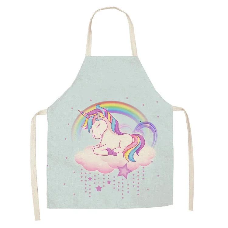 1Pcs Kitchen Apron Cartoon Unicorn Music Printed Cotton Linen Aprons for Women Men Cooking Accessories Delantal Cocina Mujer