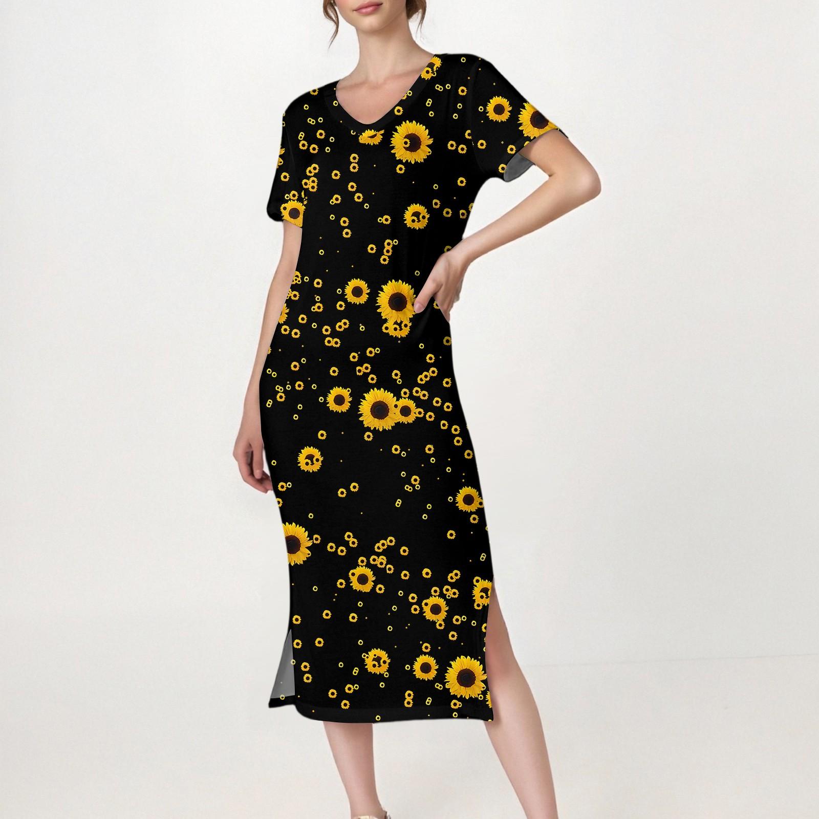 

Женское повседневное платье с V-образным вырезом и короткими рукавами, разрезом по низу и карманами XXL жёлтый