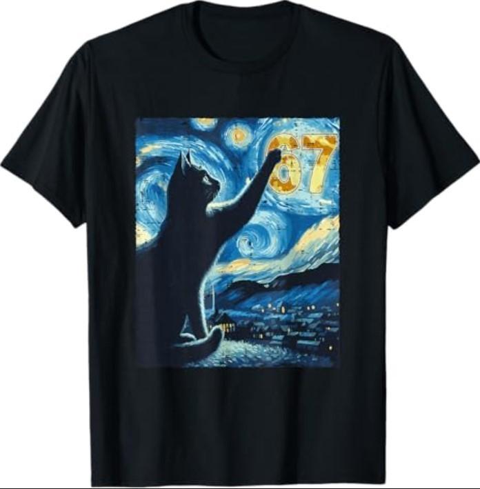 Black Cat Starry Night Van Gogh Cat 67 Six Seven Meme Viral T-Shirt Unisex T-Shirt M