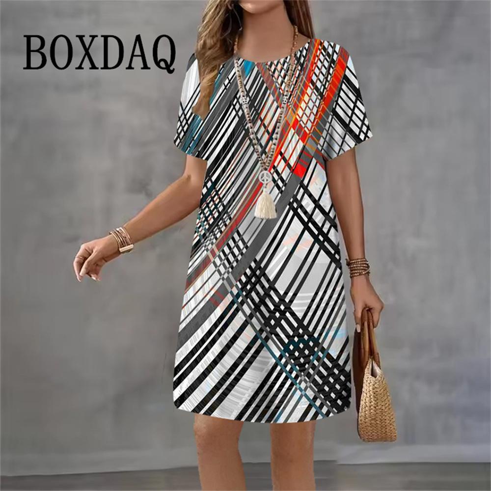 Tie Dye Geometric Gradient Dresses For Women New Summer Fashion 3D Print Short Sleeve Loose Dress