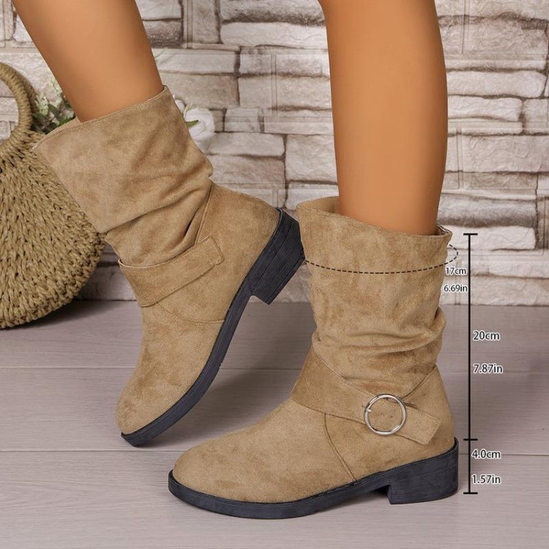 Plus Size Women's Spring Wrinkled Belt Buckle Boots Block Heel Below Knee Slimming Mid-Calf