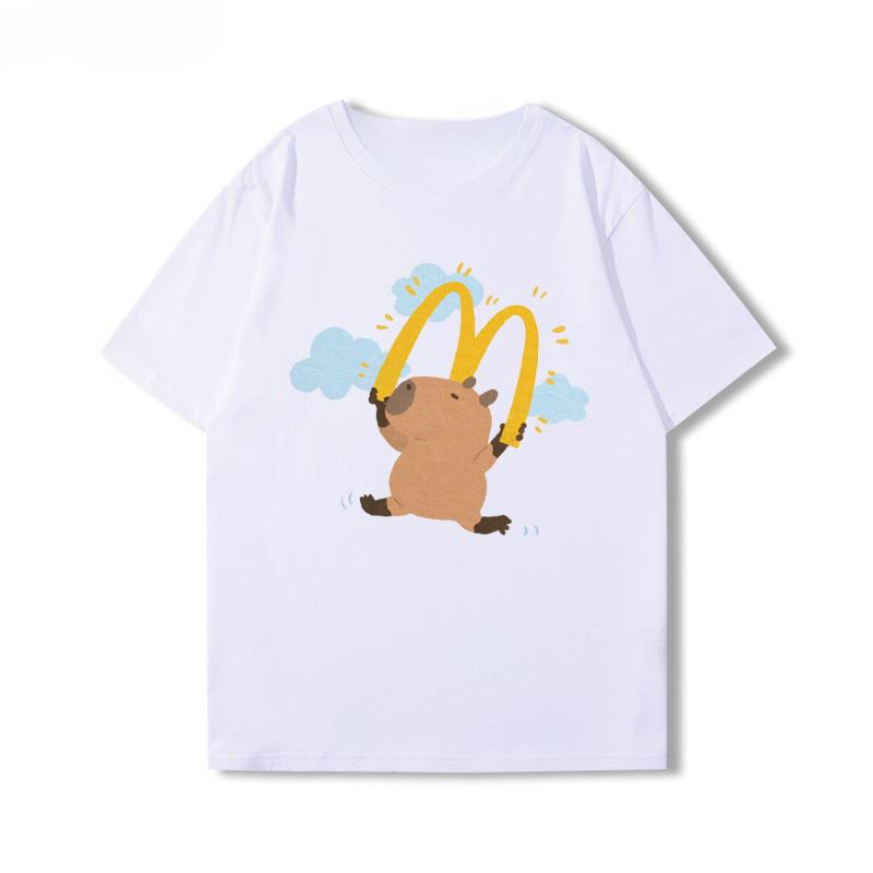 2025 Cute Capybara Capibara Coffee Chips Cartoon Peripheral Short Sleeve Men's and Women's Summer Cotton T-shirt Trend Tops Tee