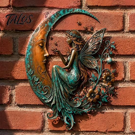 Rustic Turquoise Home Accents Vintage Crescent Moon Wall Art, Fairy Witch Bee Dragonfly Iron Hanging Metal Art Decor Decor, Sculpture for Garden Patio