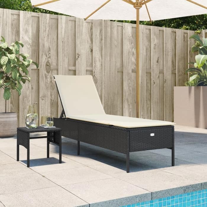 VidaXL Chaise Longue with Table and Cushion Black Wicker, Sunbed, Garden Daybed, Outdoor Furniture, Chair 4002728