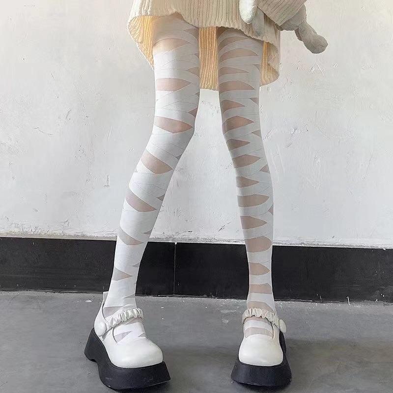 Ultrathin Women Spicy Girl Bandage Stripe Long Stockings Female Japanese Lolita Sexy Summer Cross Tube White Stockings