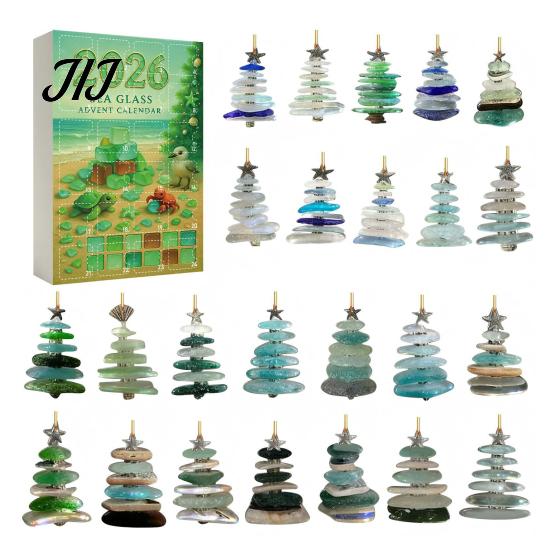 Festive Home Hanging Decorations 2026 Sea Glass Style Christmas Countdown Calendar Blind Box, 24Pcs Unique Tree Pendants Acrylic Ornaments,