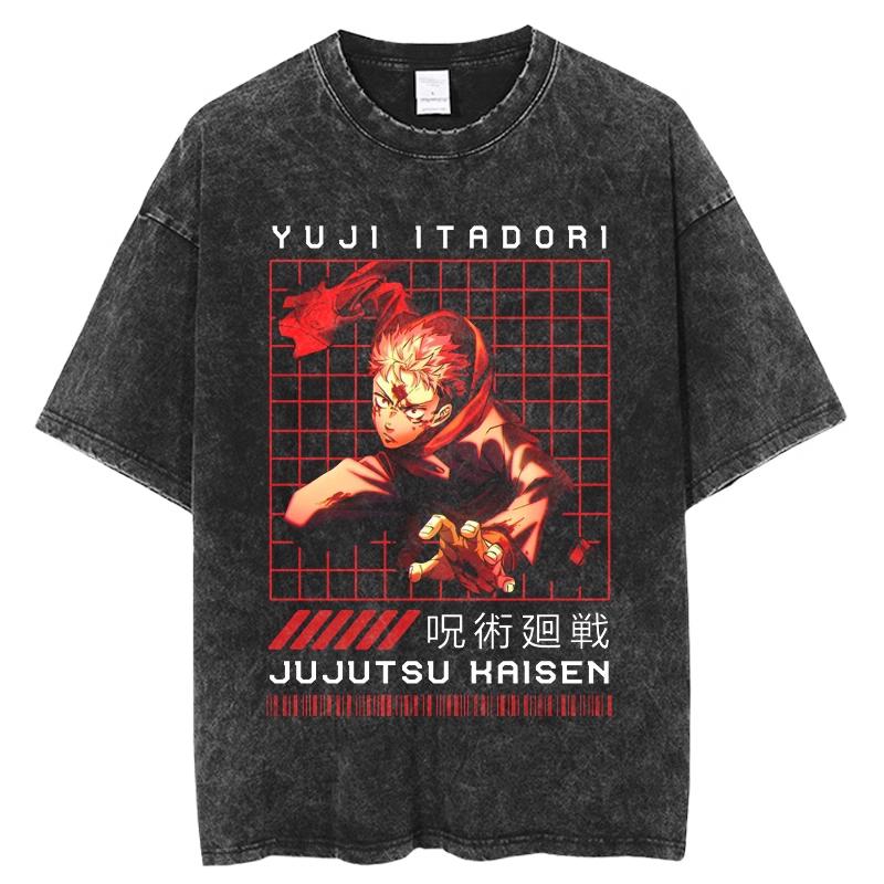 Jujutsu Kaisen Gojo Satoru Manga Panel Japanese Text Vintage Washed T Shirt Summer Graphic Tee for Men Women