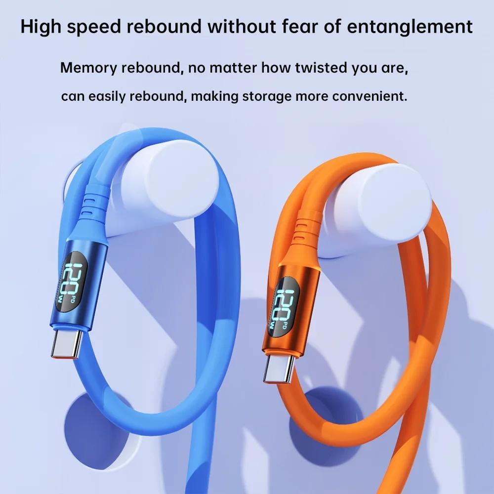 120W 6A USB C To Type C Cable Fast Charging LED Digital Display Silicone Anti Breakage Fast Charging Cords for Apple Samsung