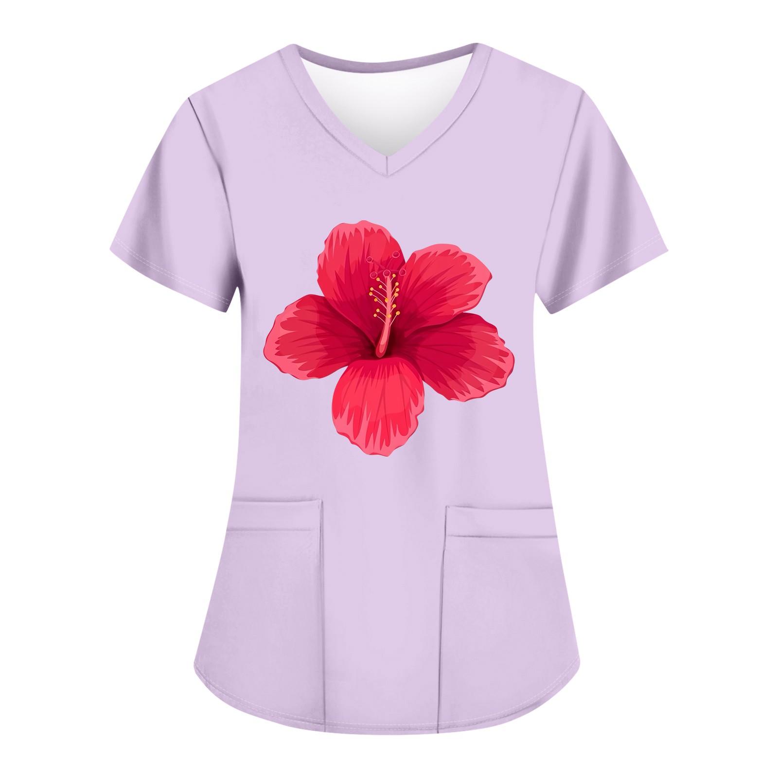 

Женские модные топы с короткими рукавами и V-образным вырезом с принтом, рабочие футболки с карманами M фиолетовый