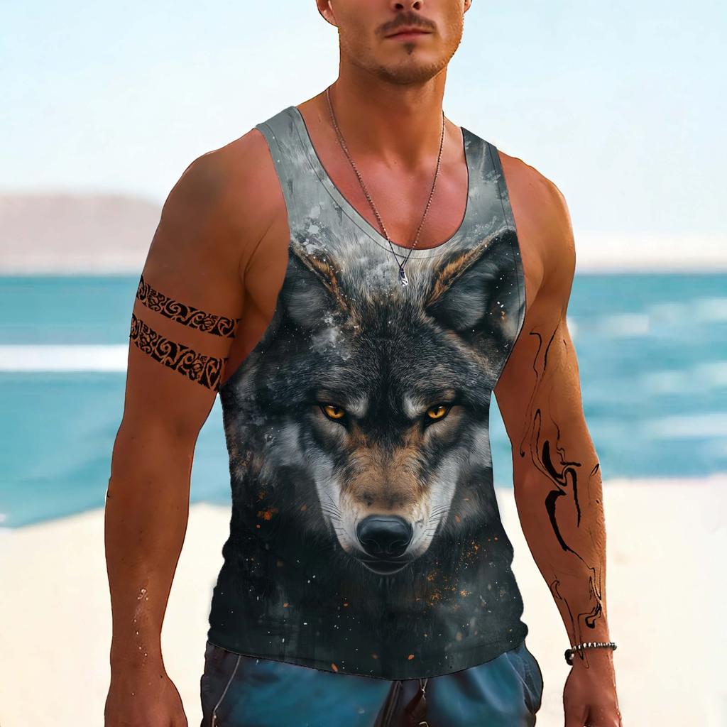 Modische Herren-Tanktops mit Wolfsmuster, Sommer, Atmungsaktiv, Streetwear, Sportweste, Ärmellos, Tier-Mann-Kleidung