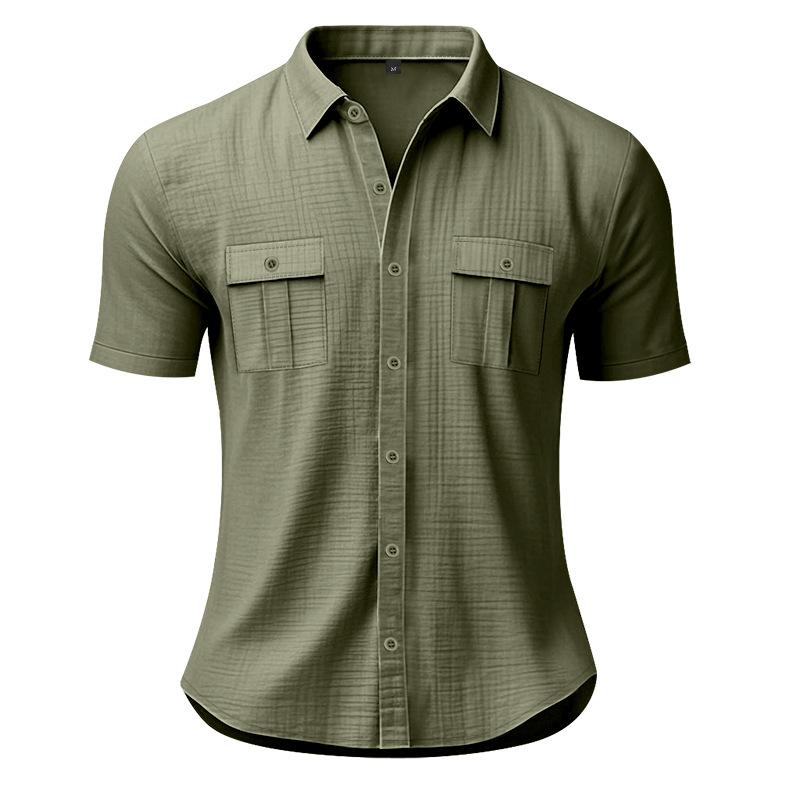 Summer men's linen shirt solid color pocket loose lapel casual cardigan short-sleeved t-shirt