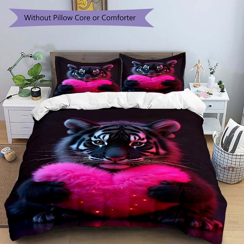 3pcs Tiger Glowing Heart Duvet Cover Set -Includes 1 Duvet Cover and 2 Pillowcases, No Quilt Core, All-Season Home Decor  Yy251111114