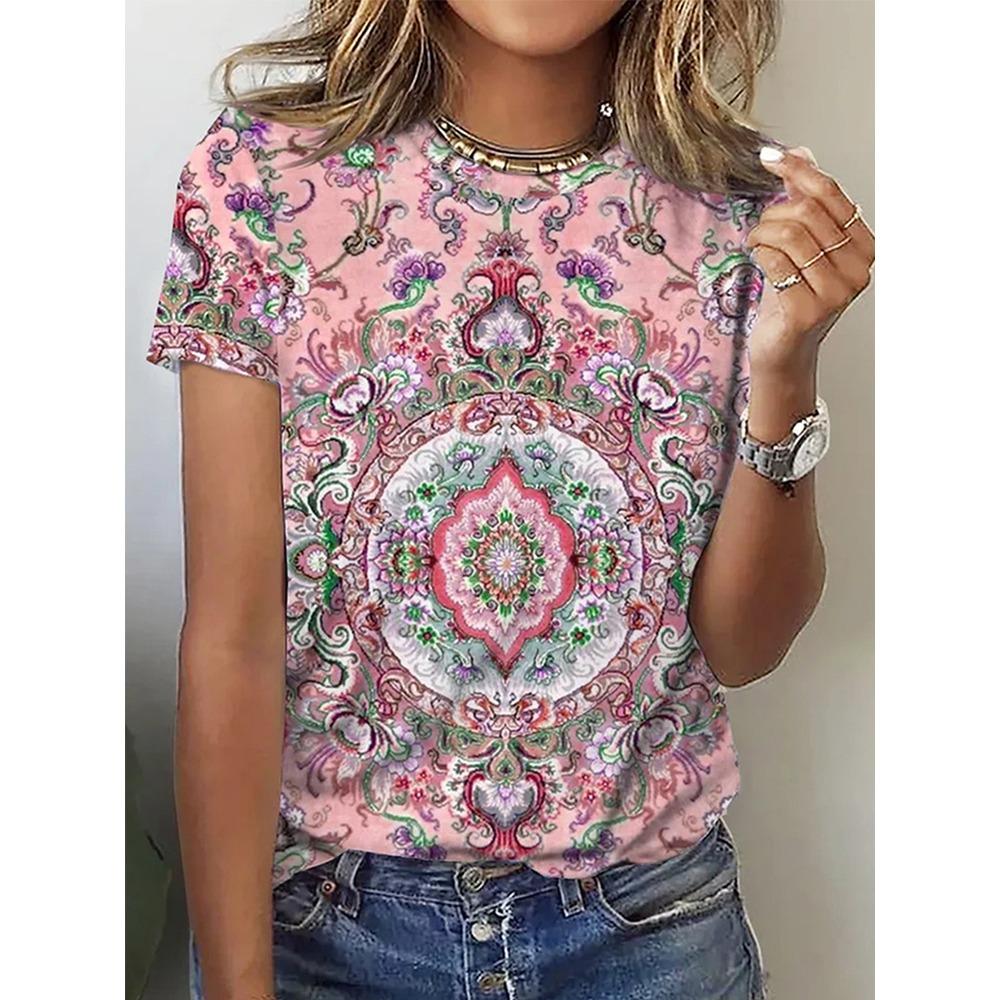 

Женская рубашка с рисунком мандалы больших размеров, рисунок лотоса, футболка с коротким рукавом с рисунком мандалы, лучший выбор для лета, материал полиэстер 8xl
