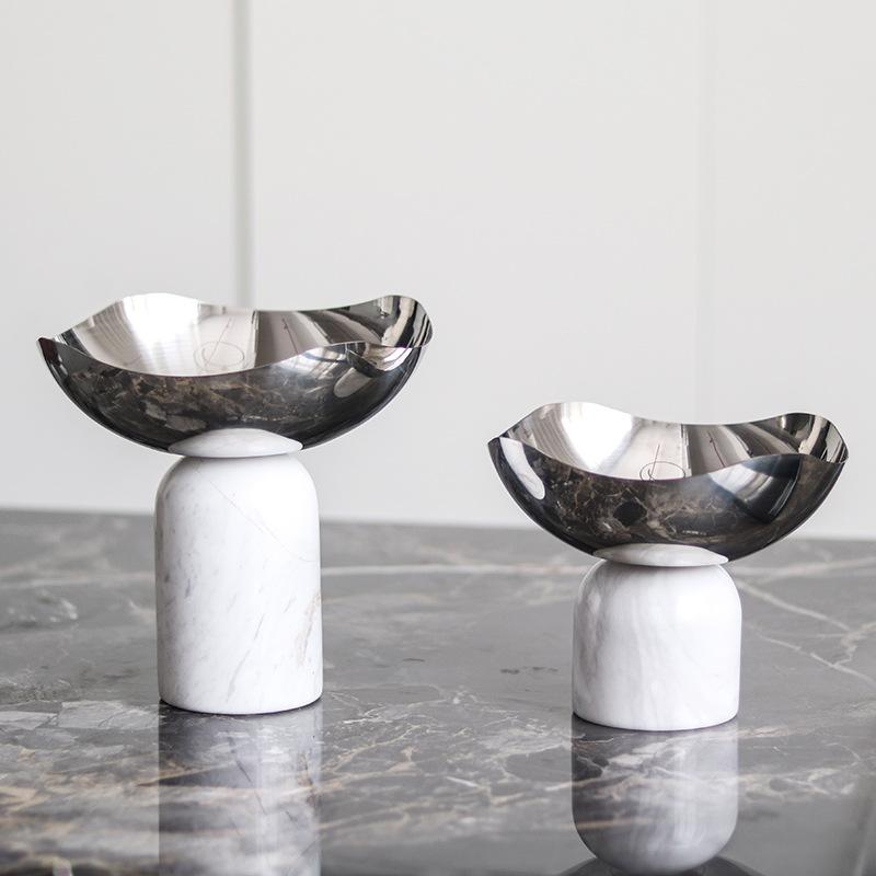 Stainless Steel Fruit Platter, Marble Decorative Ornaments, High Footed Dessert Square Bowl, Storage Tray, Scandinavian Style