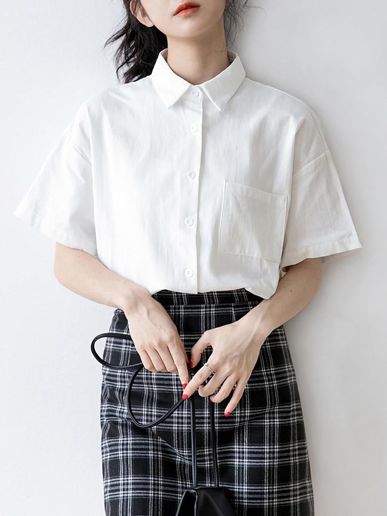 Shirt Blouse Short Sleeve Regular Collar Pocket Collar Simple Plain Spring Summer Autumn Cutter Wide Shirt Solid Tops Office Casual Button [Bubu