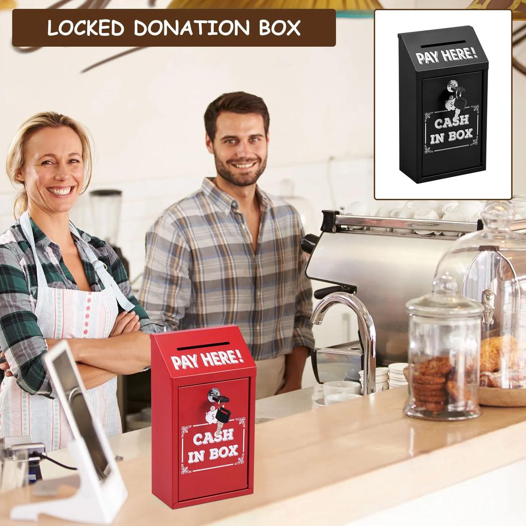 1Pc Metal Donation Box with Lock Key Rust-proof Collection Boxes Wall Mounted Suggestion Box Cash Boxes for Business Home Office