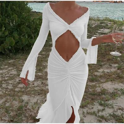 Sexy Tiefem V-ausschnitt Langes Kleid Für Frauen Rüschen Plissee Aushöhlen Kleider Weibliche Urlaub Strand Schlanke Dame Abend Robe