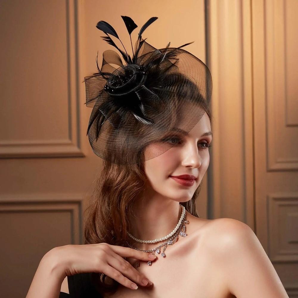 Luxury Small Top Hat Headband Elegant Wedding Head Hoop Feathers Mesh Headband  Stage Performance