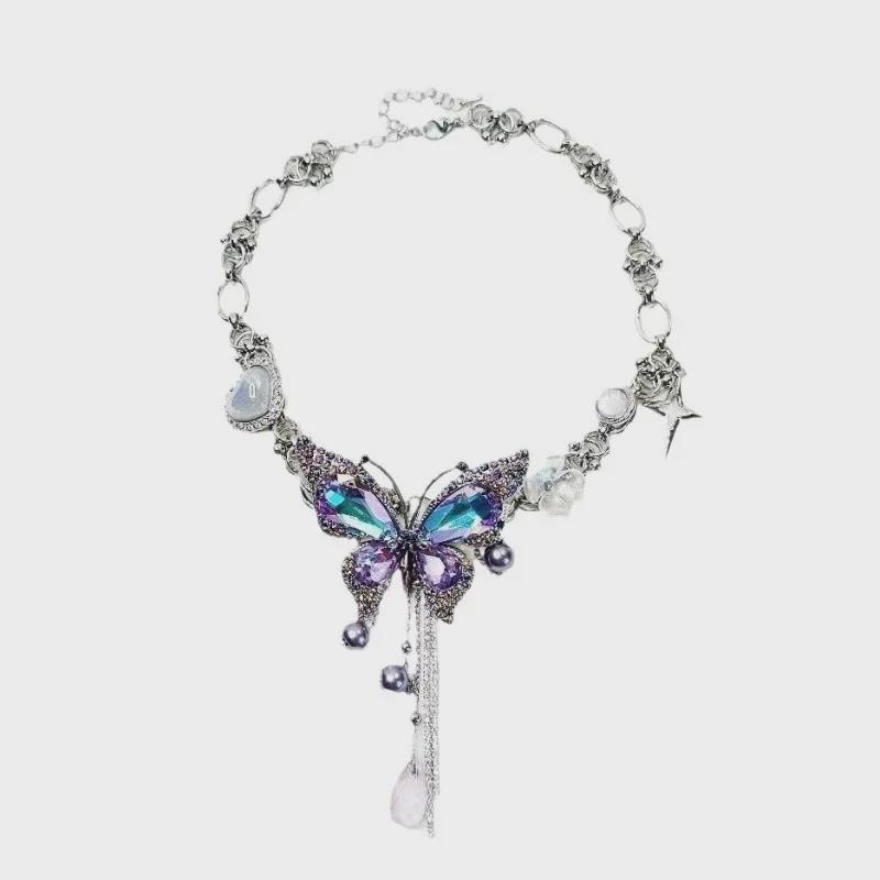 Elegant Purple Diamond Butterfly Tassel Necklace - Trendy Sweet Cool Design