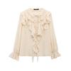 Womens French Chic Long Sleeve Blouse With Layered Tulle Detail Button-Front Shirt Street Style