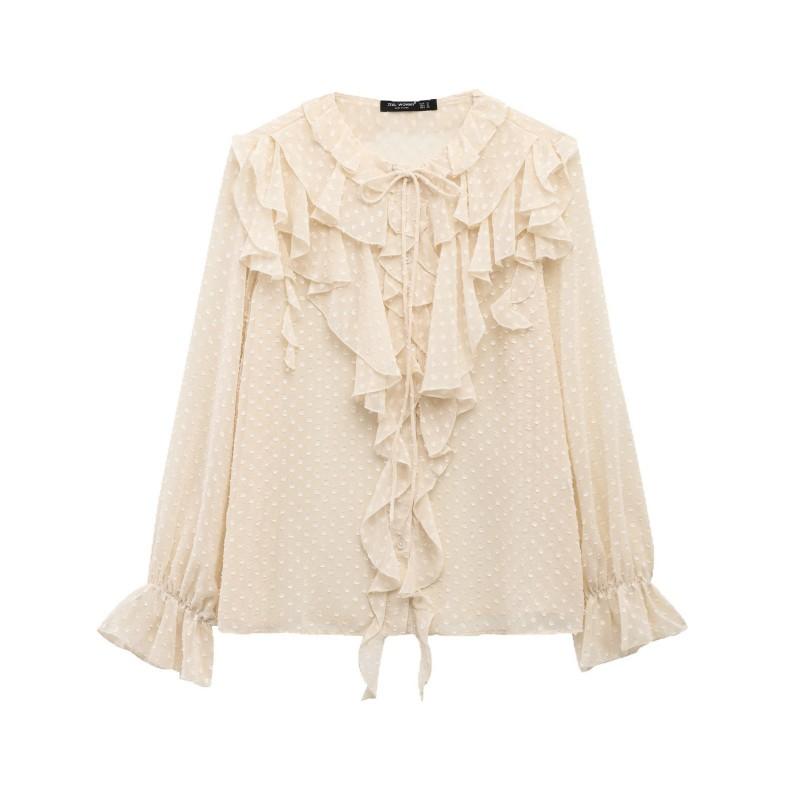 Womens French Chic Long Sleeve Blouse With Layered Tulle Detail Button-Front Shirt Street Style