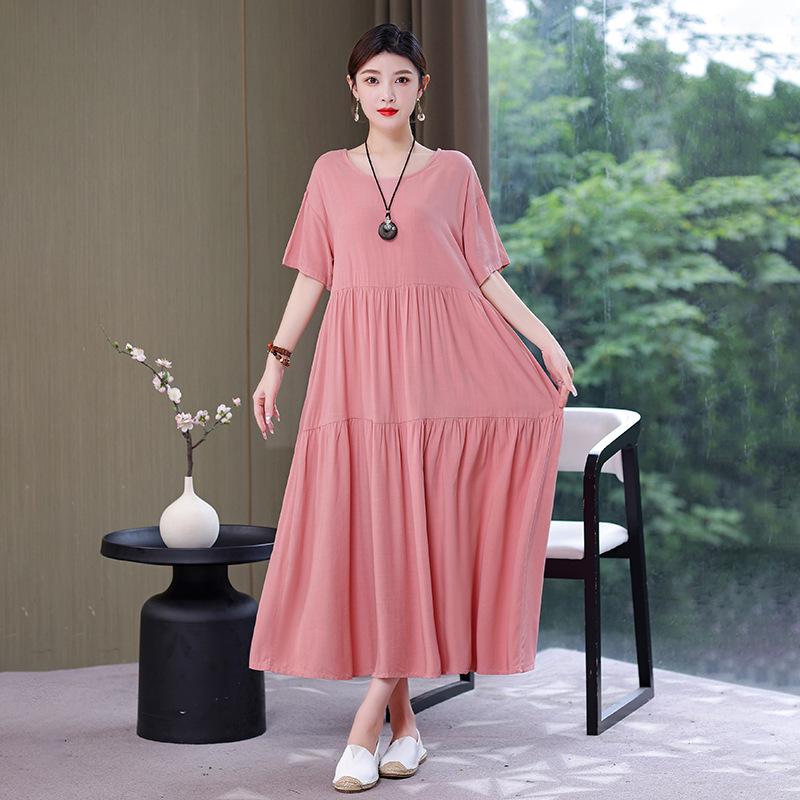 Women's 2022 Summer Solid Cotton Linen Dress - Slimming, Belly-Covering, Plus Size Long Dress