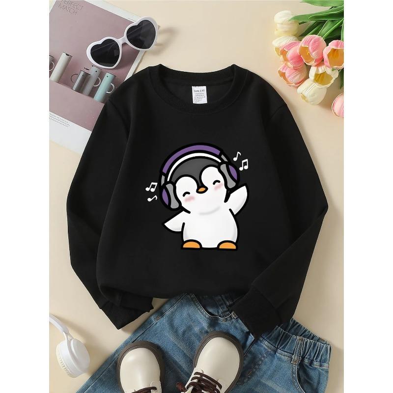 European sizes Crewneck Sweatshirt for Kids Featuring an Adorable Dancing Penguin with Headphones.Perfect for Sports And Casual Outings