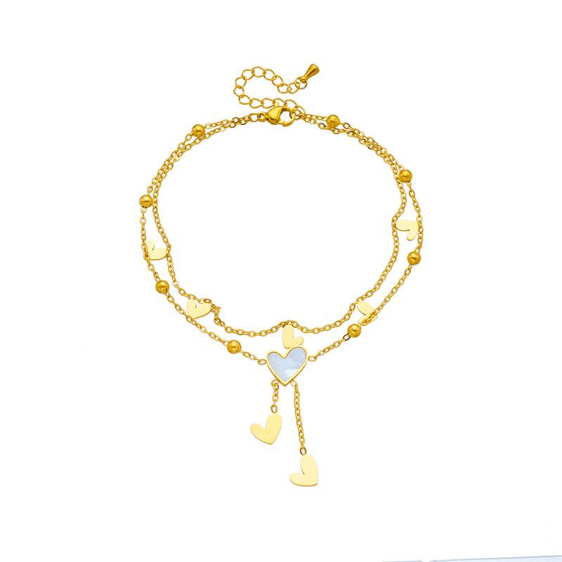 18K Gold Plated Layered Heart Shell Anklet, Dainty Double Chain Love Charm Foot Bracelet for Women, Cute Daily Jewelry
