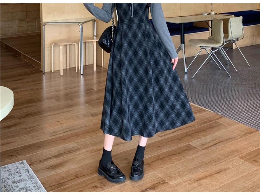 Plus Size Plaid Two-Piece Look Dress - Spring 2026 Slimming Long-Sleeved Waist-Cinched Skirt for Women