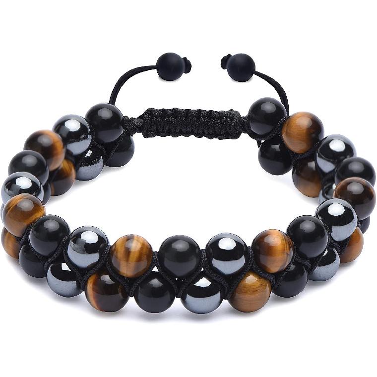 HASKARE Triple Protection Bracelet for Men - Genuine Tigers Eye Black Obsidian Hematite 8mm Natural Stone Beads Stretchy Healing Crystal Jewelry,