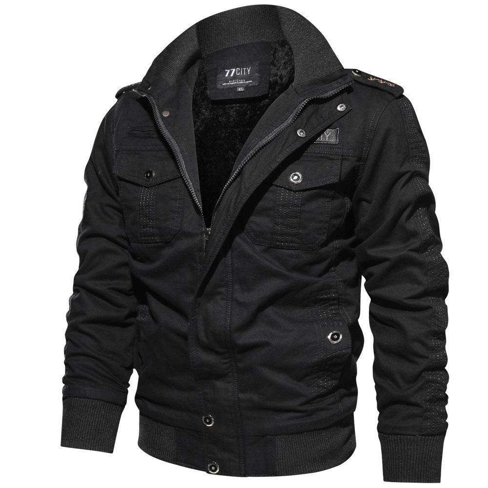 Men's Fleece Lined Cargo Jacket Stand Collar Multi Pocket Zip Up Winter Coat