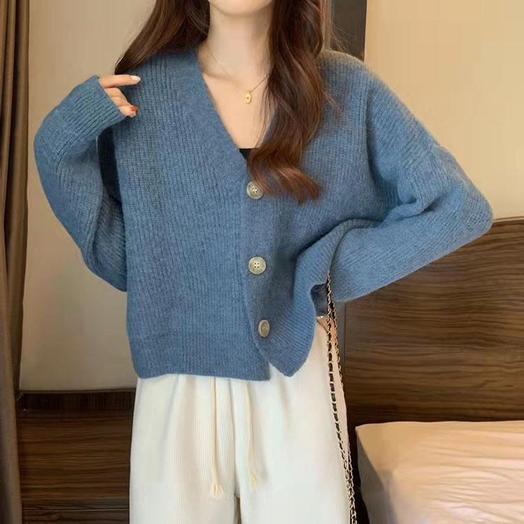 Women's V-Neck Knitted Cardigan - Casual Korean Style with Long Sleeves, 2023 Trendy Fashion for Students